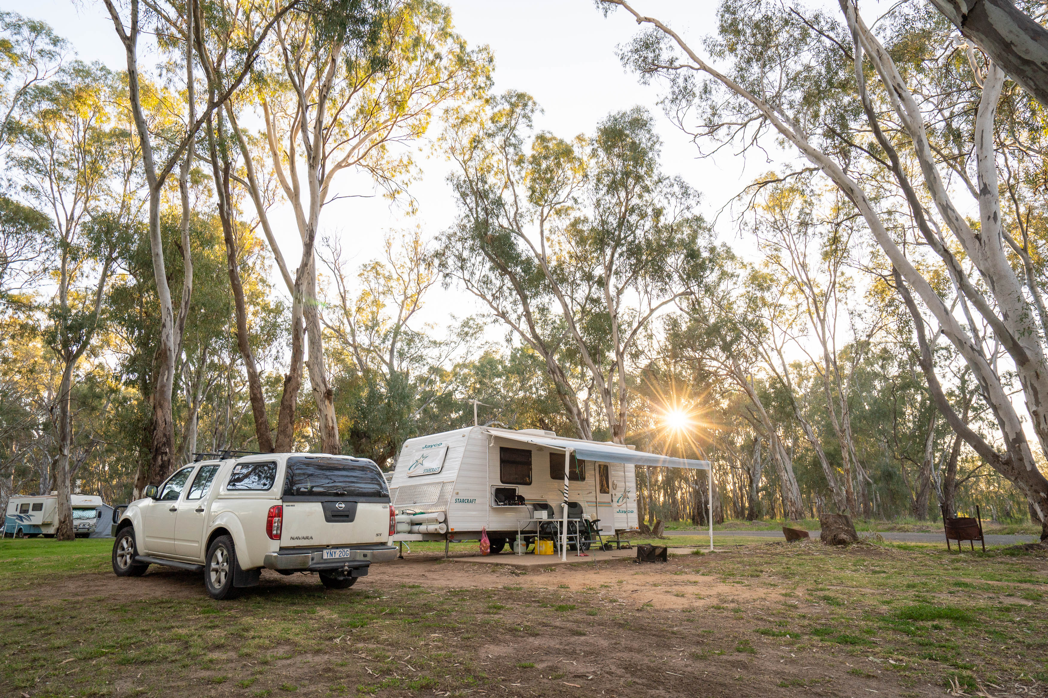 Ute and set-up caravan at Darlington Point Caravan Park