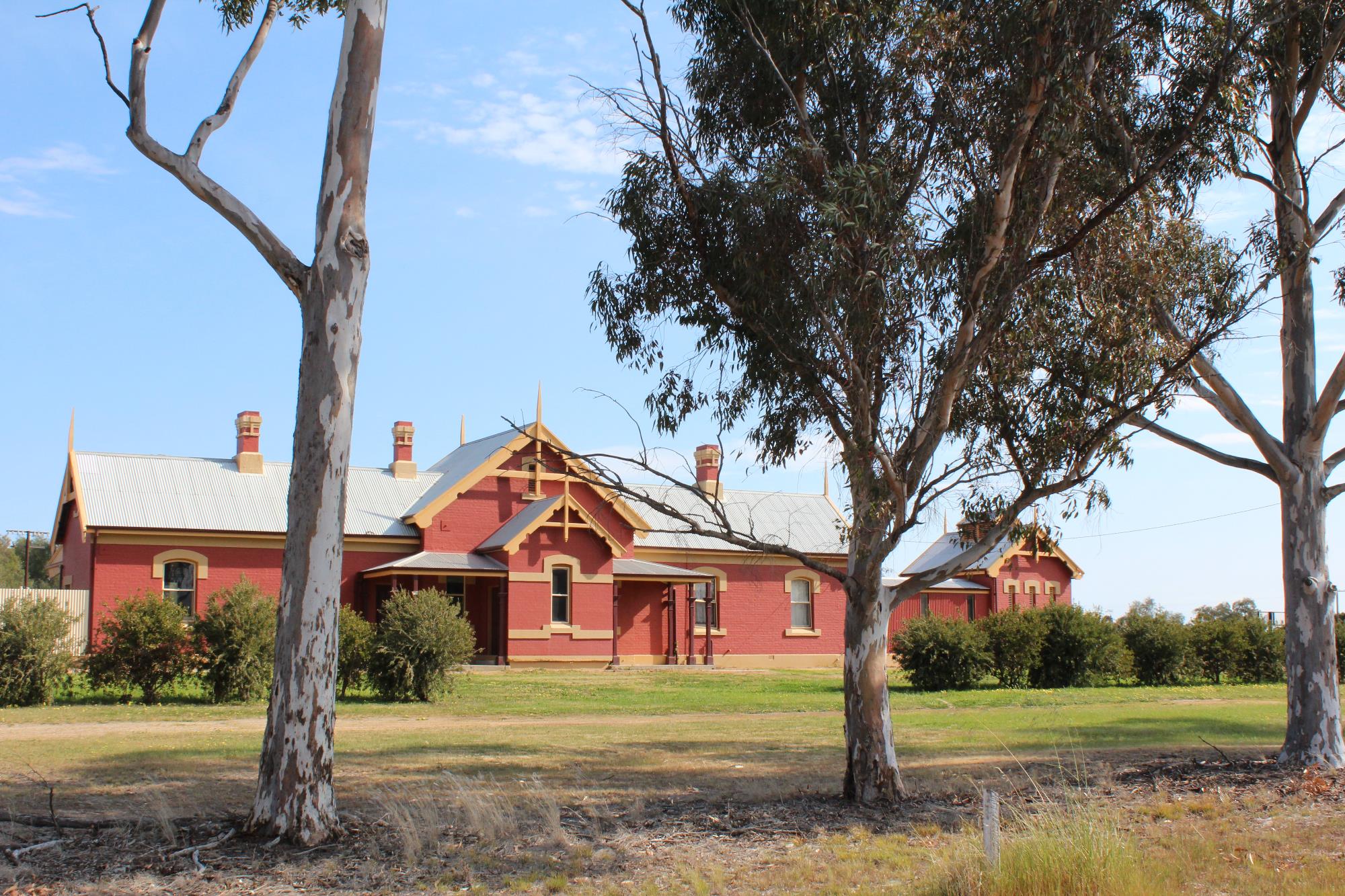 Gum trees infront of red brick railway station