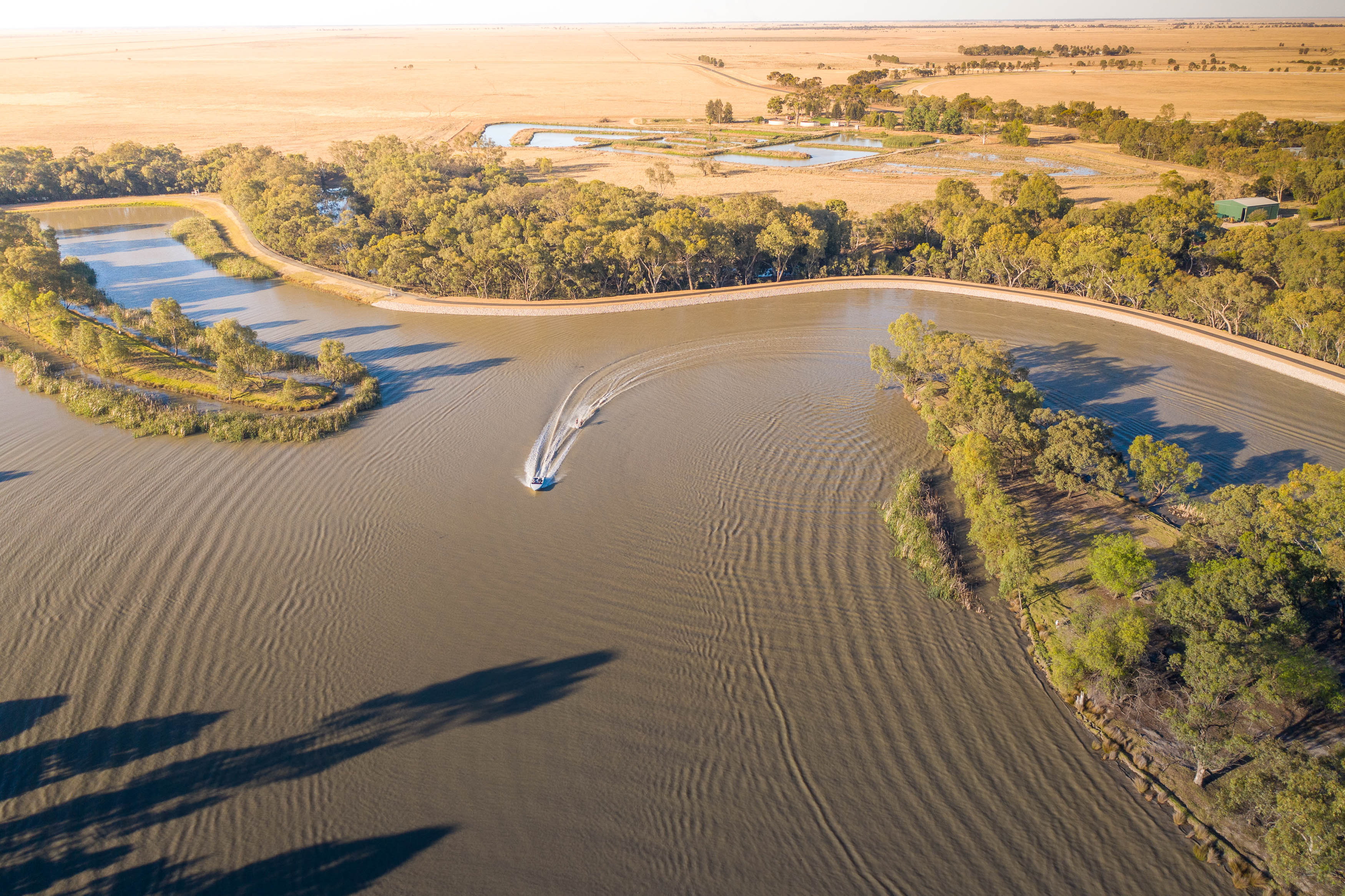 Ariel view of boat on Lake Jerilderie