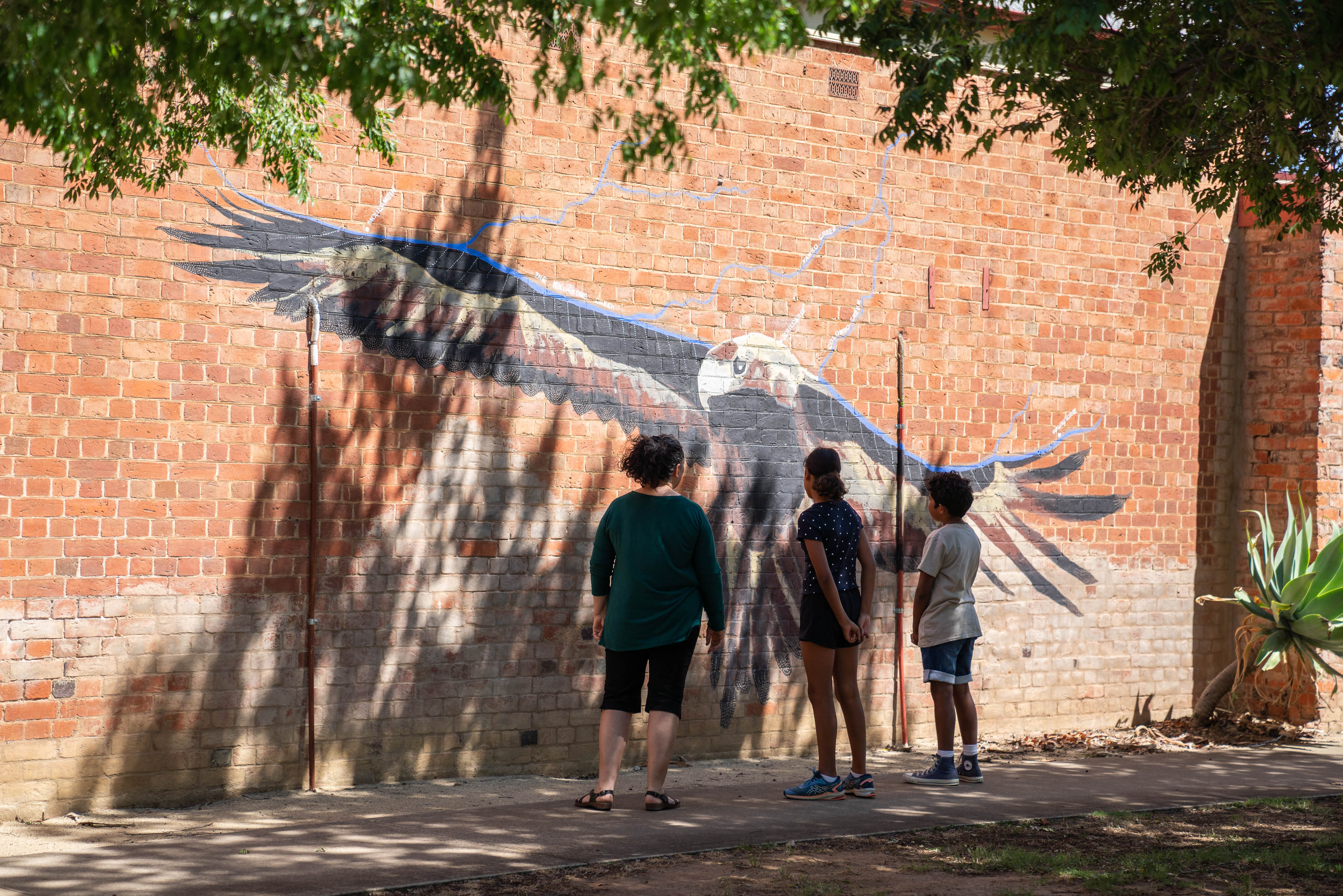 People looking at wedge-tail eagle mural